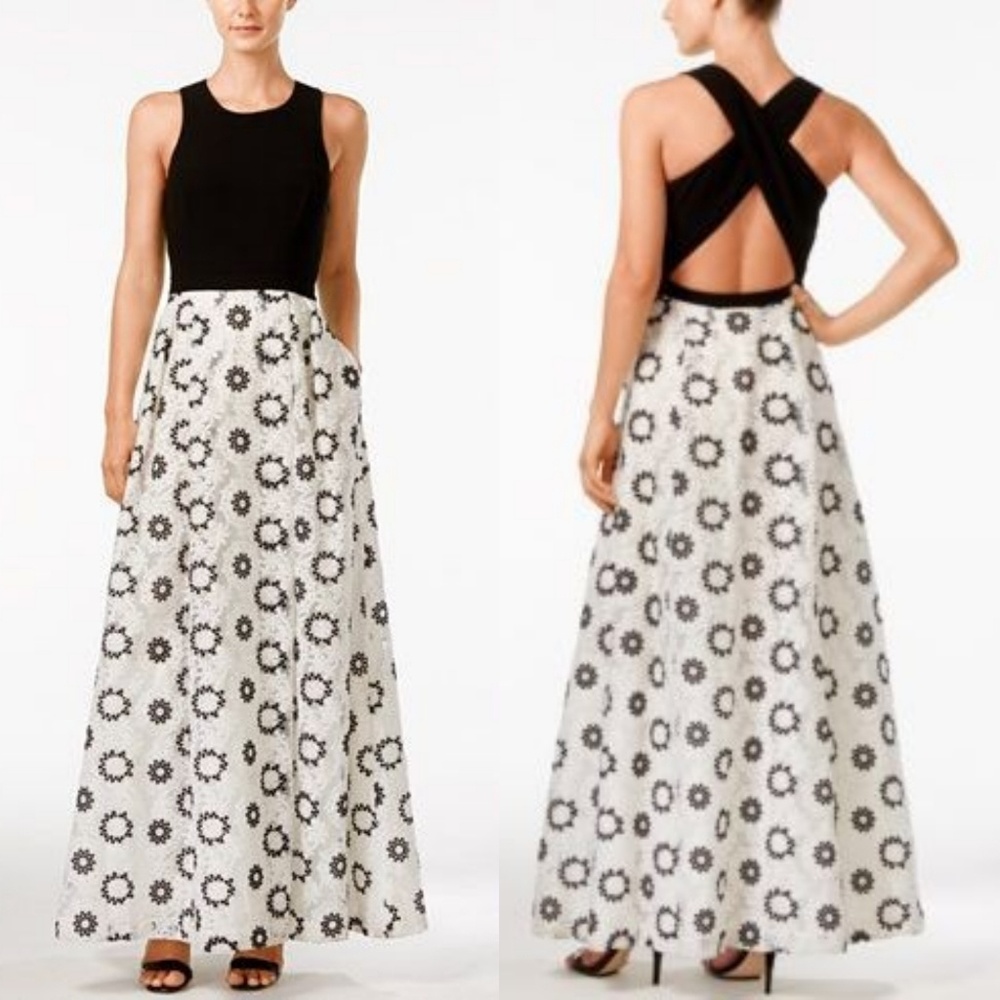 CALVIN KLEIN BLACK & WHITE FLORAL LACE GOWN w/ POCKETS